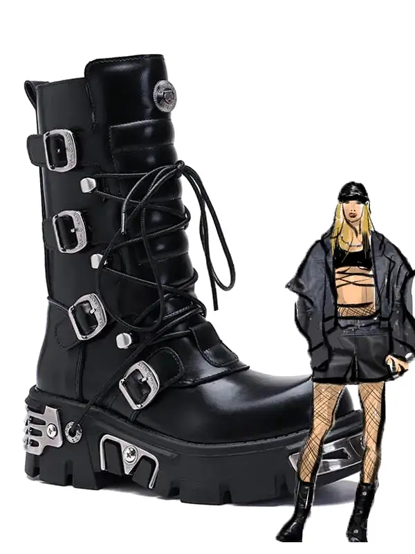 Women's Platform Ankle Boots Motorcycle Boots Mid-calf Military Boots Gothic Belt Punk Shoes Metal Buckle