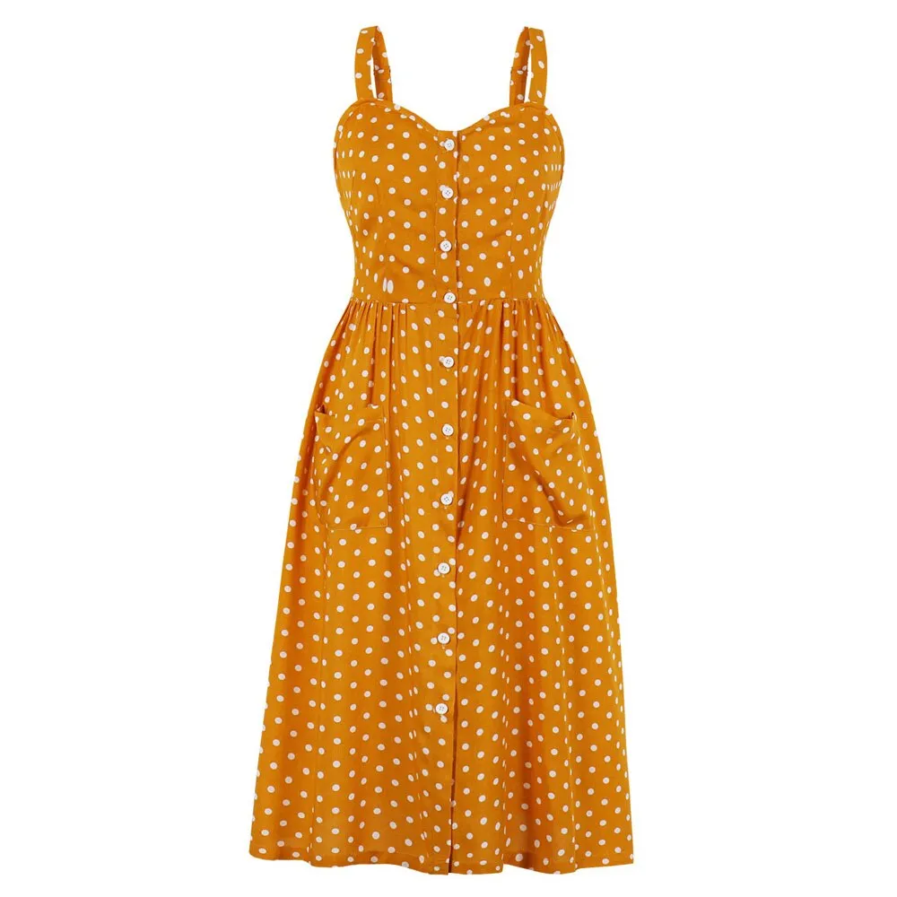 Yellow Polka Dot Spaghetti Strap V Neck Button Up Cotton Party Casual Dresses With Pockets