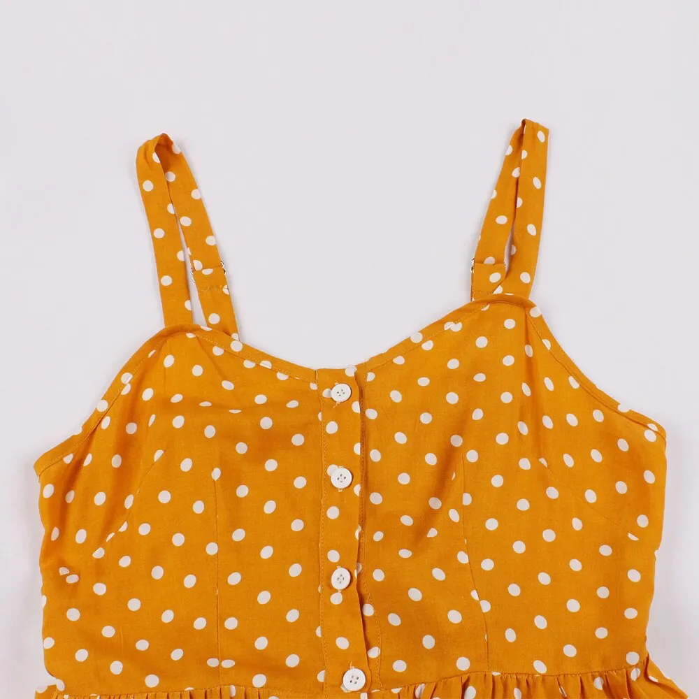 Yellow Polka Dot Spaghetti Strap V Neck Button Up Cotton Party Casual Dresses With Pockets