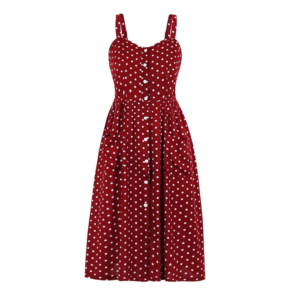 Yellow Polka Dot Spaghetti Strap V Neck Button Up Cotton Party Casual Dresses With Pockets