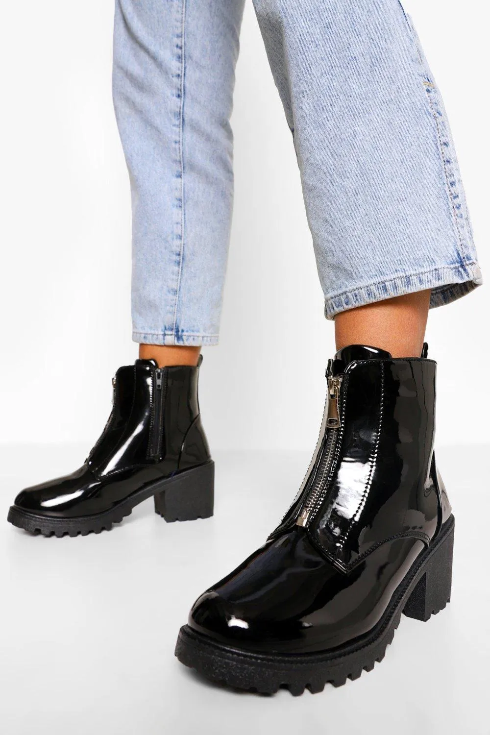 Zip Front Block Heel Biker Boots